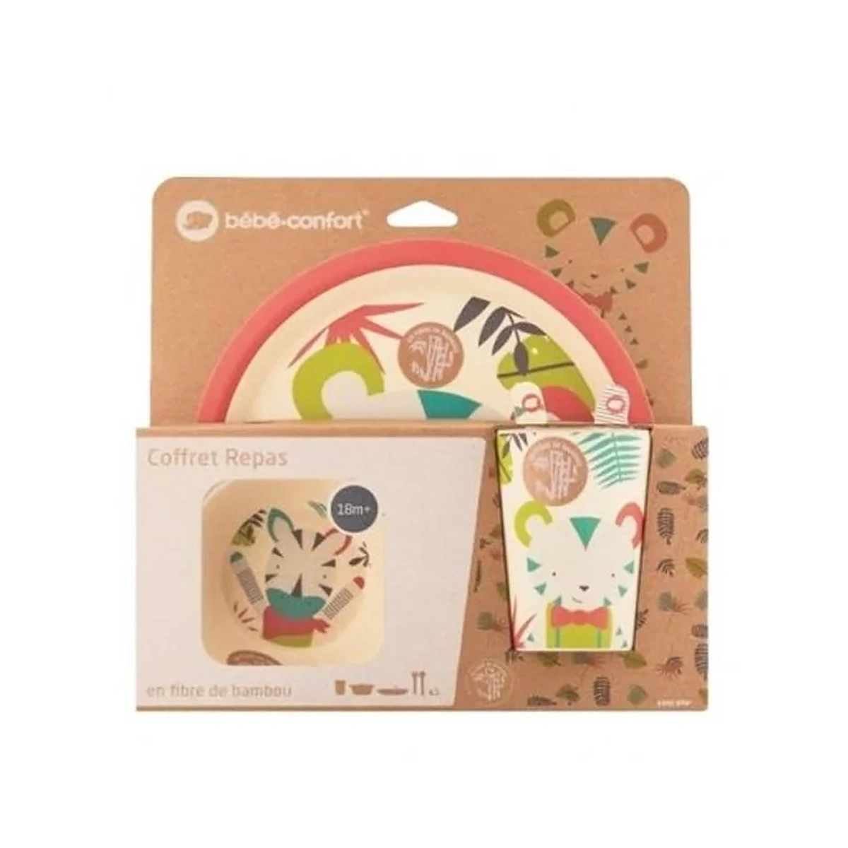 Bebe Confort – Coffret repas en Bambou (Assiette, bol, verre, cuillère, fourchette) – Jungle Vibes (18M +)