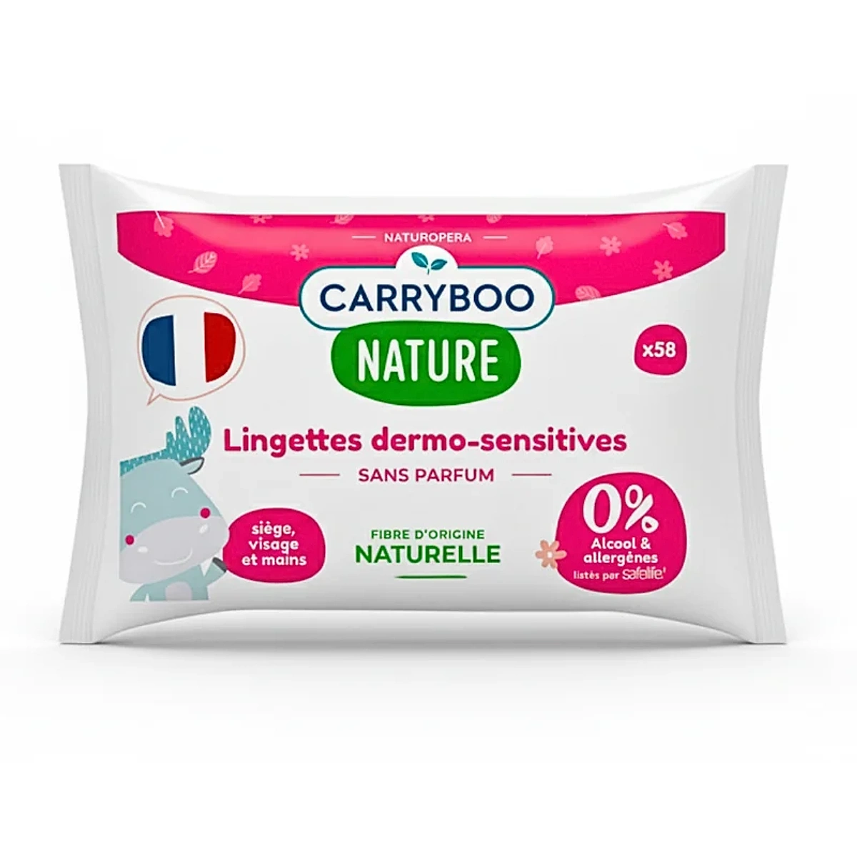 Carryboo Lingettes Dermo-Sensitives Sans Parfums 58 Pieces