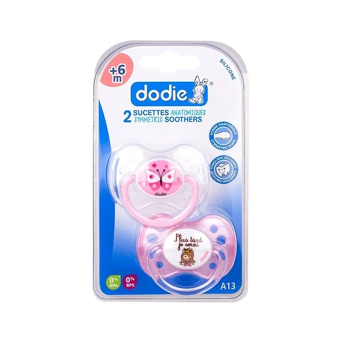 Dodie – Sucettes forme anatomique silicone (6M +) N°A13 – Papillon & Princesse