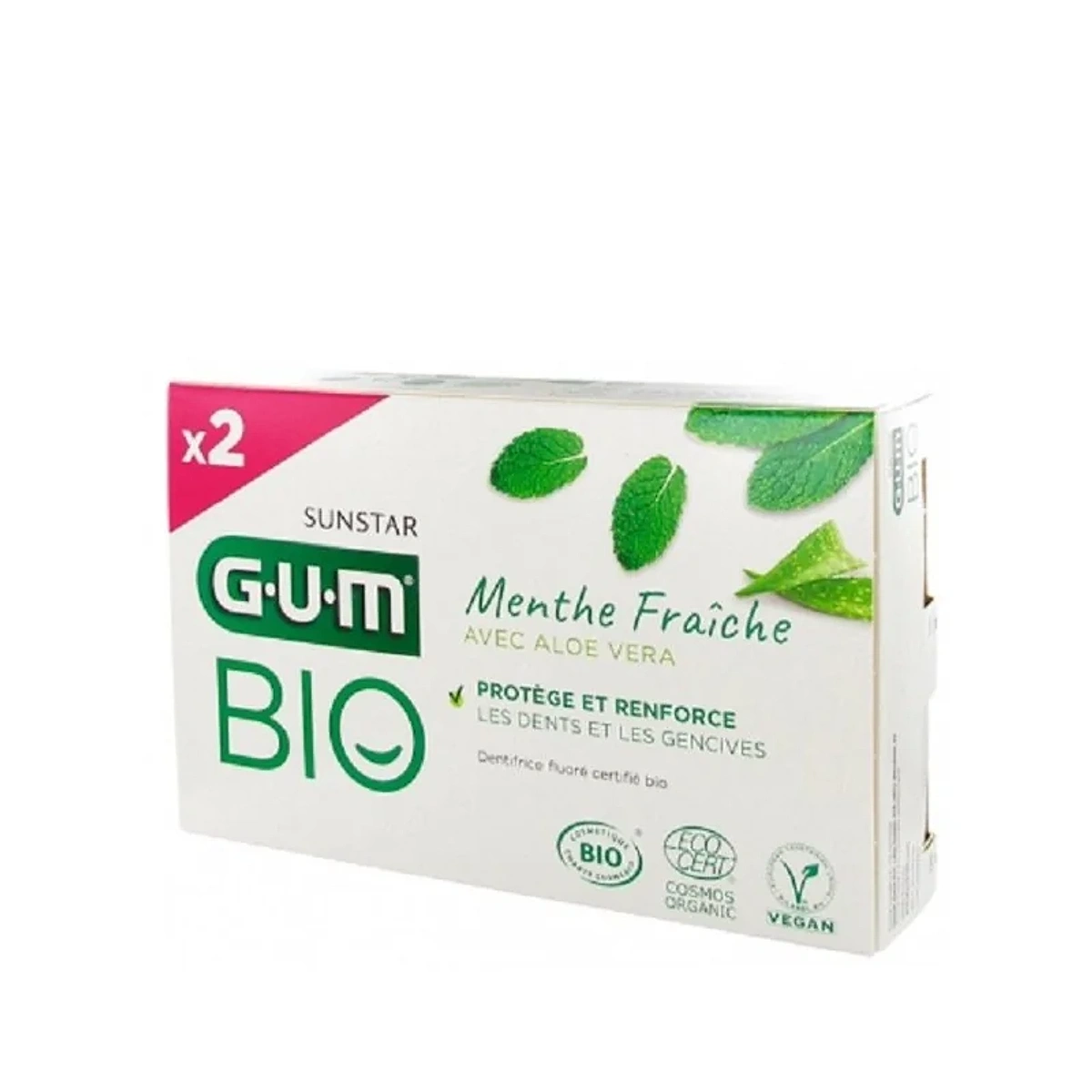 GUM Dentifrice Menthe Fraîche Aloe Vera Bio Lot de 2 x 75 ml