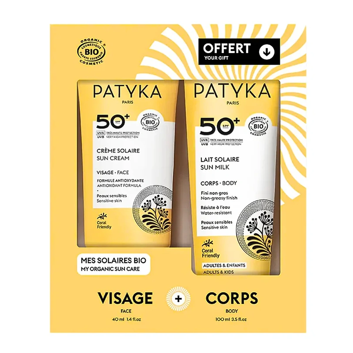Patyka Creme Solaire Visage Spf50+Lait Solaire Corps Spf50 Coffret