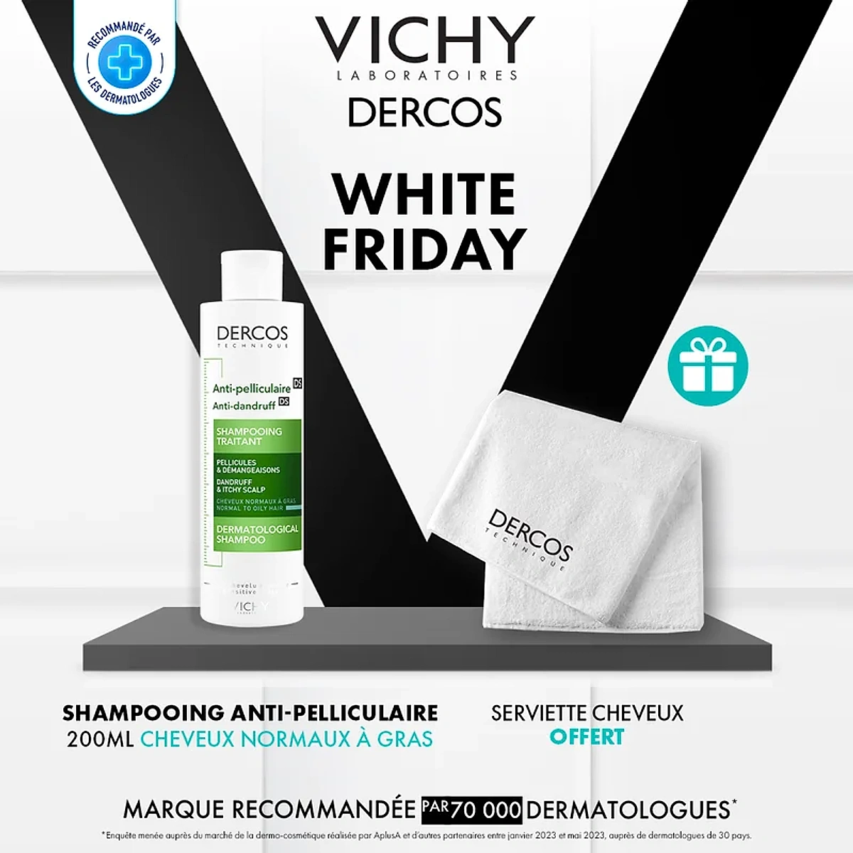 Vichy Dercos Shampoing Traitant Anti-Pelliculaire Cheveux Normaux à Gras | 200ml = Serviette Offerte