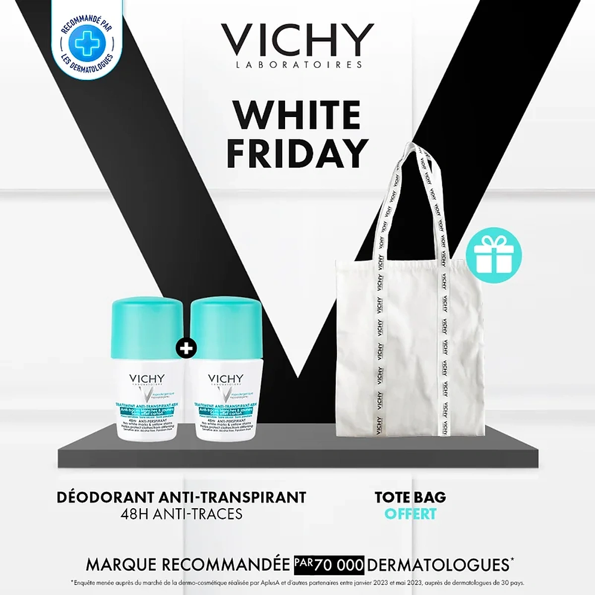 Vichy Dermo-Tolérance Déodorant 48H Anti-Traces Jaunes et Blanches Bille Peau Sensible | 50ml = Tote Bag Offert