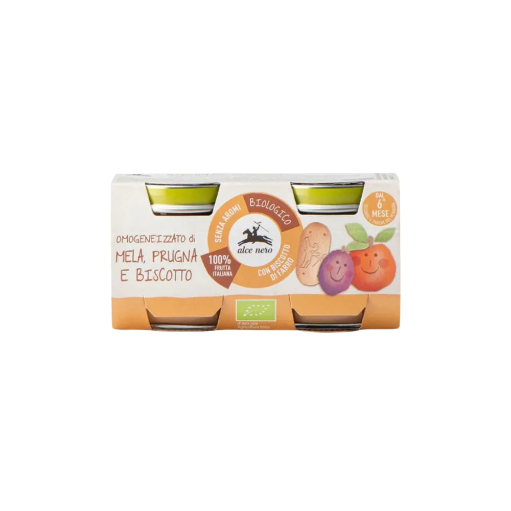 Alce Nero Petit Pot Mix Puree De Pommes Prunes Et Biscuits Bio 160 G 2x 80 G