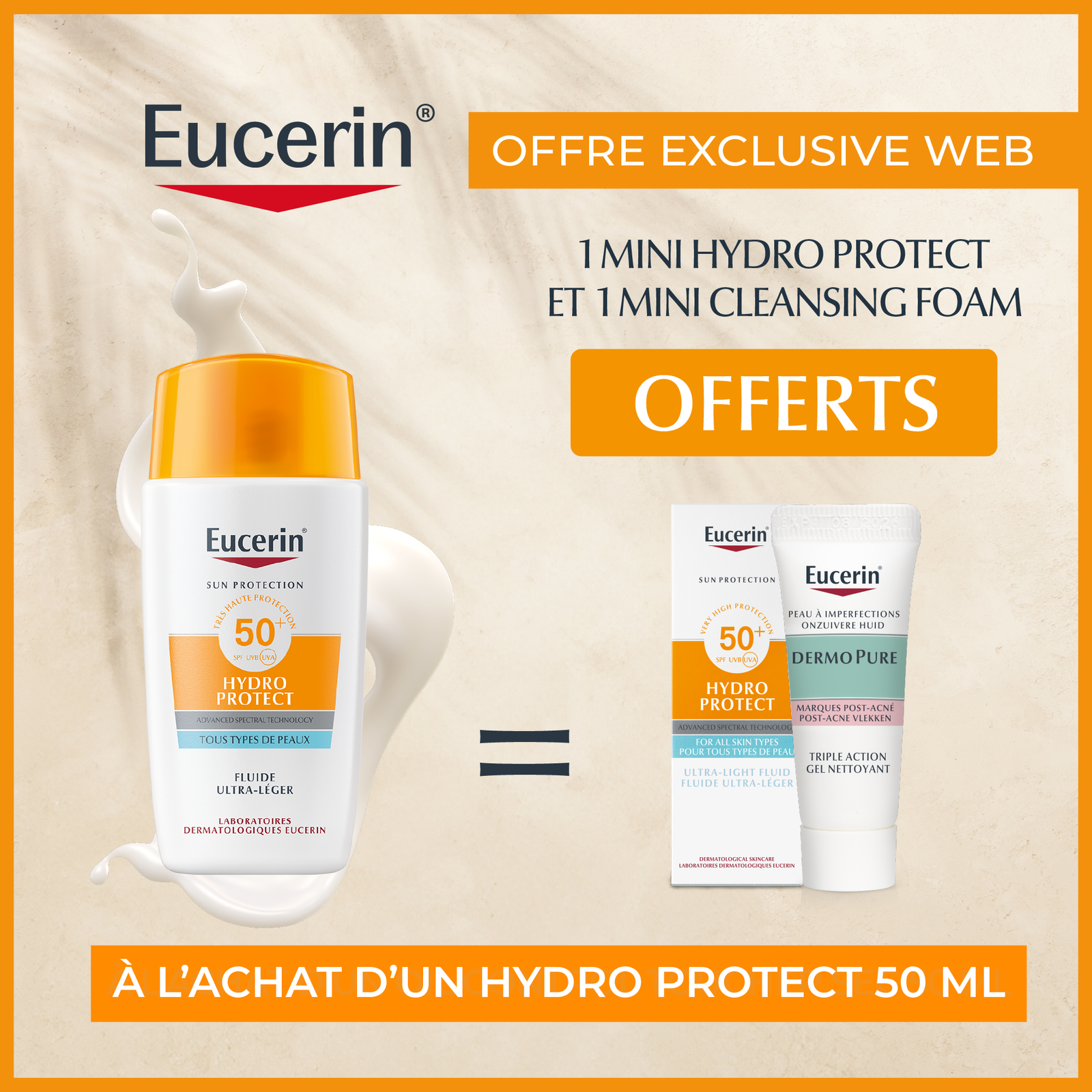 EUCERIN HYDRO PROTECT SPF 50 + 50 ML = Mini Hydro Protect + Mini Cleasing Foam