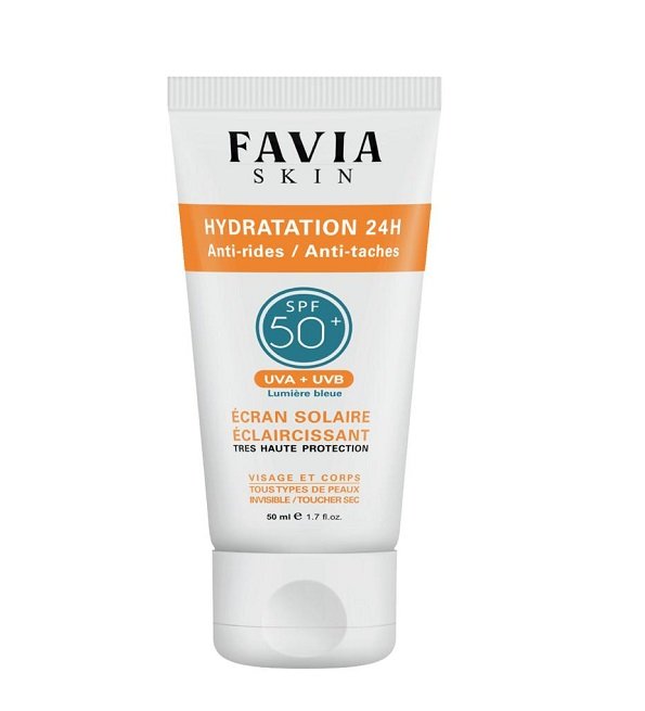 FAVIA DERMATOLOGIE SKIN ÉCRAN SOLAIRE ÉCLAIRCISSANT SPF50 HYDRATATION 24H, ANTI-RIDES / ANTI-TACHES 50ml