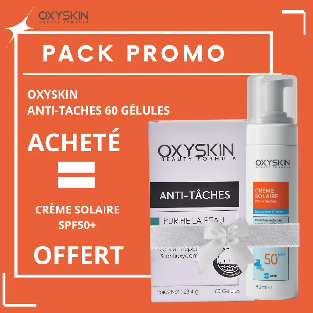 Oxyskin Anti-Taches 60 Gelules+Ecran Solaire Peux Seche SPF50+ 40ml Pack